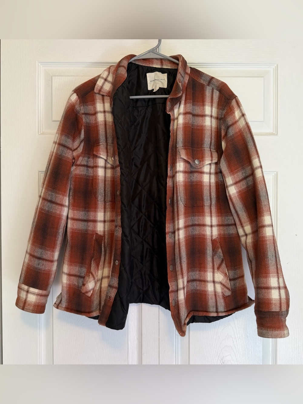 Aeropostale Quilt-Lined Plaid Shacket in Rust and Cream
